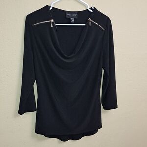 Frank Lyman Top 3 Quarter Sleeve Zipper Detail Black Swoop Neck Size 12